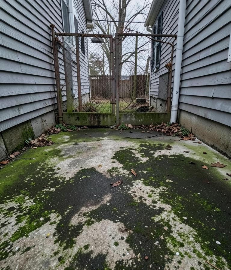 Driveway before pressure washing, stained and algae-covered